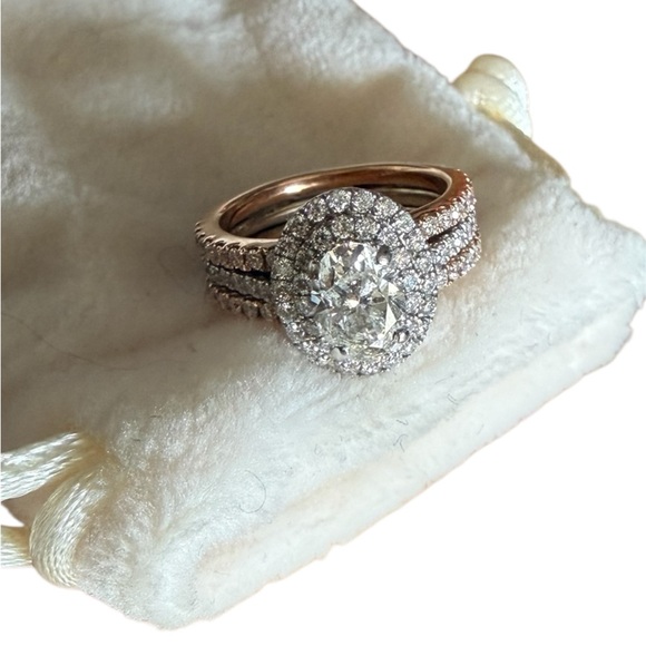 Shane Co. Jewelry - 14k Halo Oval Diamond Engagement Ring with 2 rose gold diamond pavè bands.